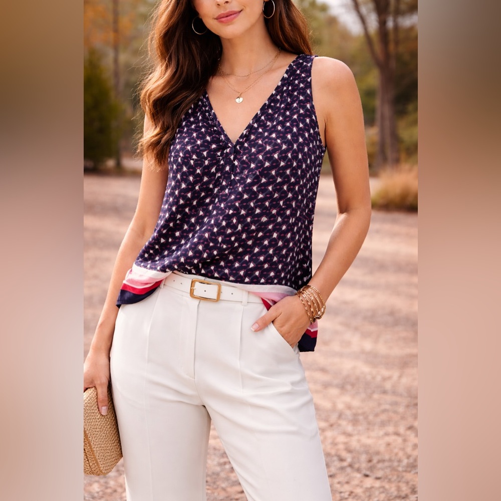 Joie Silk Sleeveless Blouse Navy Geometric Print XS Boho Chic Top